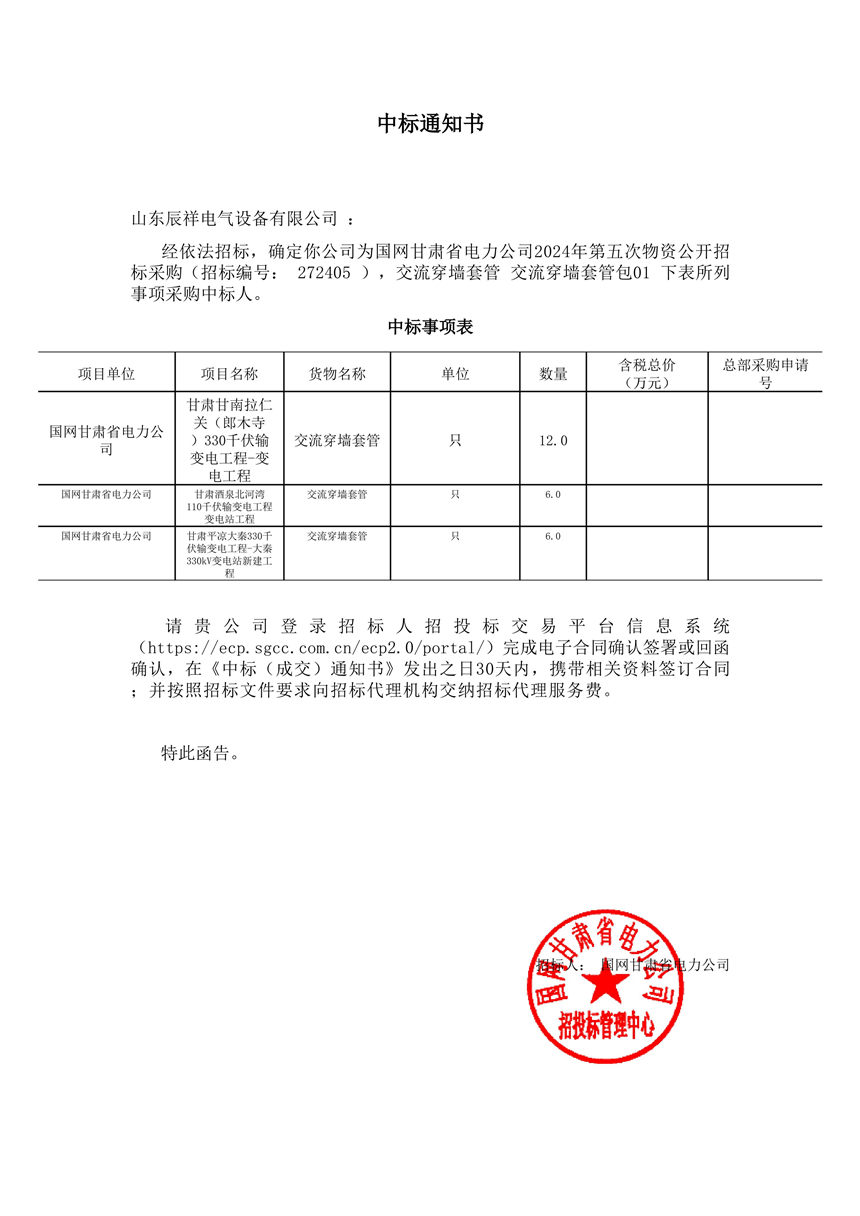 2024.09.11 交流穿墙套管中标通知书